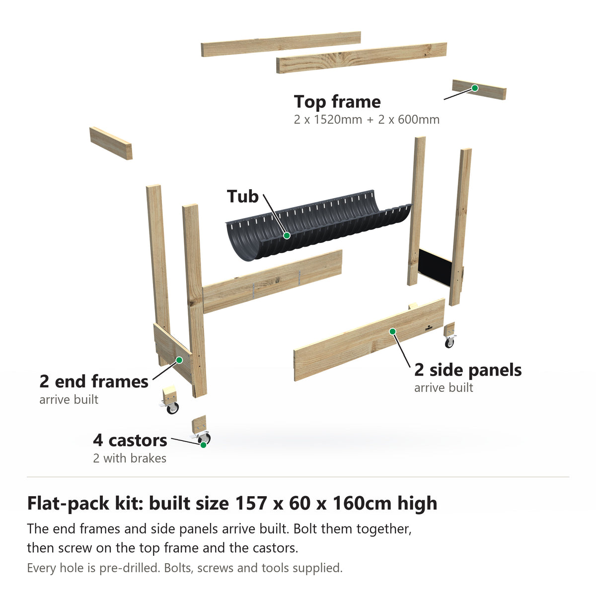 Grow Frame kit, Large 50cm planter box, 23cm tub, on wheels, pulled apart: 2 built end frames, 2 built side panels, the tub and the top frame rails and 4 castors. Built size 157 x 60 x 160cm high.
