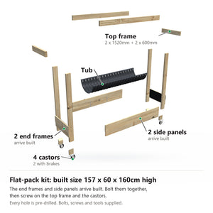Grow Frame kit, Large 50cm planter box, 23cm tub, on wheels, pulled apart: 2 built end frames, 2 built side panels, the tub and the top frame rails and 4 castors. Built size 157 x 60 x 160cm high.