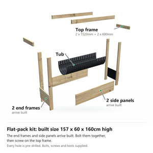 Grow Frame kit, Large 50cm planter box, 35cm tub, pulled apart: 2 built end frames, 2 built side panels, the tub and the top frame rails. Built size 157 x 60 x 160cm high.