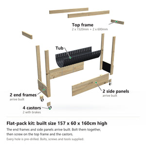 Grow Frame kit, Large 50cm planter box, 35cm tub, on wheels, pulled apart: 2 built end frames, 2 built side panels, the tub and the top frame rails and 4 castors. Built size 157 x 60 x 160cm high.