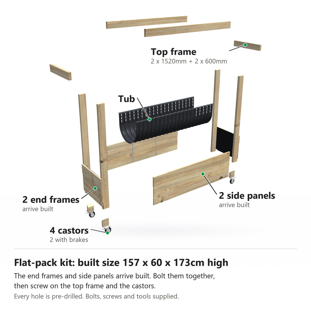 Grow Frame kit, Large 50cm planter box, 41cm tub, on wheels, pulled apart: 2 built end frames, 2 built side panels, the tub and the top frame rails and 4 castors. Built size 157 x 60 x 173cm high.