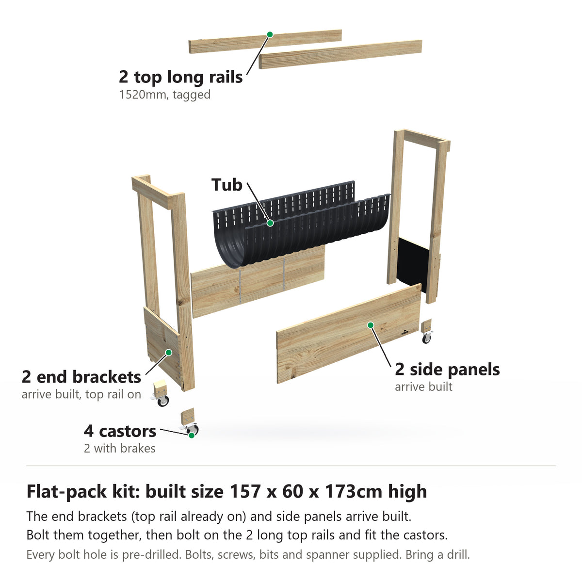 Grow Frame kit, Large 50cm planter box, 41cm tub, on wheels, pulled apart: 2 built end brackets with their top rail on, 2 built side panels, the tub and the 2 top long rails and 4 castors. Built size 157 x 60 x 173cm high.
