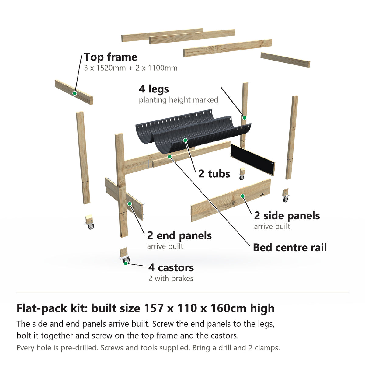 Grow Frame kit, Wide 50cm planter box, 23cm tub, on wheels, pulled apart: 4 legs, 2 built end panels, 2 built side panels, the bed centre rail, 2 tubs and the top frame rails and 4 castors. Built size 157 x 110 x 160cm high.
