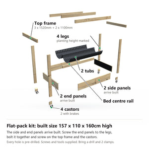 Grow Frame kit, Wide 50cm planter box, 23cm tub, on wheels, pulled apart: 4 legs, 2 built end panels, 2 built side panels, the bed centre rail, 2 tubs and the top frame rails and 4 castors. Built size 157 x 110 x 160cm high.