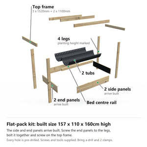 Grow Frame kit, Wide 50cm planter box, 23cm tub, pulled apart: 4 legs, 2 built end panels, 2 built side panels, the bed centre rail, 2 tubs and the top frame rails. Built size 157 x 110 x 160cm high.