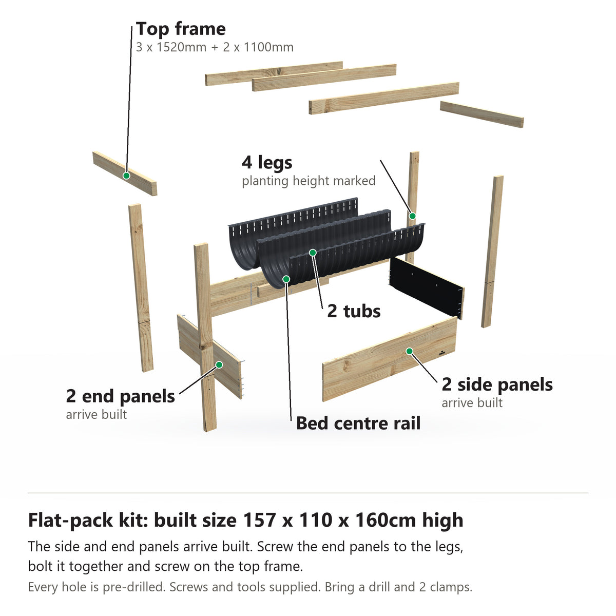 Grow Frame kit, Wide 50cm planter box, 35cm tub, pulled apart: 4 legs, 2 built end panels, 2 built side panels, the bed centre rail, 2 tubs and the top frame rails. Built size 157 x 110 x 160cm high.