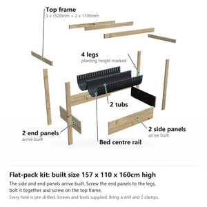 Grow Frame kit, Wide 50cm planter box, 35cm tub, pulled apart: 4 legs, 2 built end panels, 2 built side panels, the bed centre rail, 2 tubs and the top frame rails. Built size 157 x 110 x 160cm high.