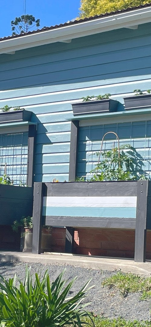 Customer garden beds with trellis and pot shelf, planted with tomatoes, strawberries and herbs against a blue weatherboard home