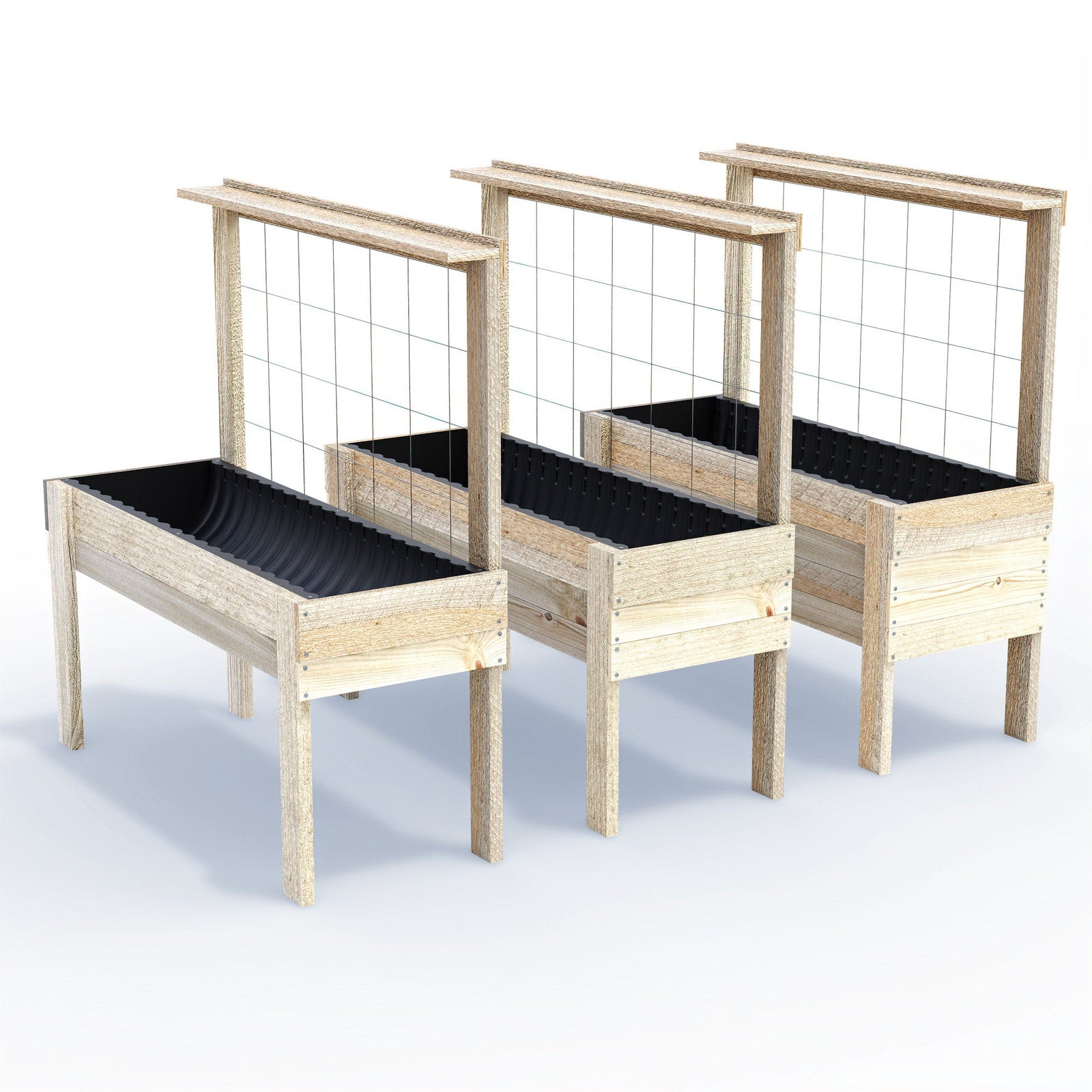 Corrogarden large timber raised garden beds on legs with trellis and pot shelf, 157 x 60 cm, 80 cm planting height, shown as a range
