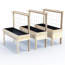 Corrogarden large timber raised garden beds on legs with trellis and pot shelf, 157 x 60 cm, 80 cm planting height, shown as a range
