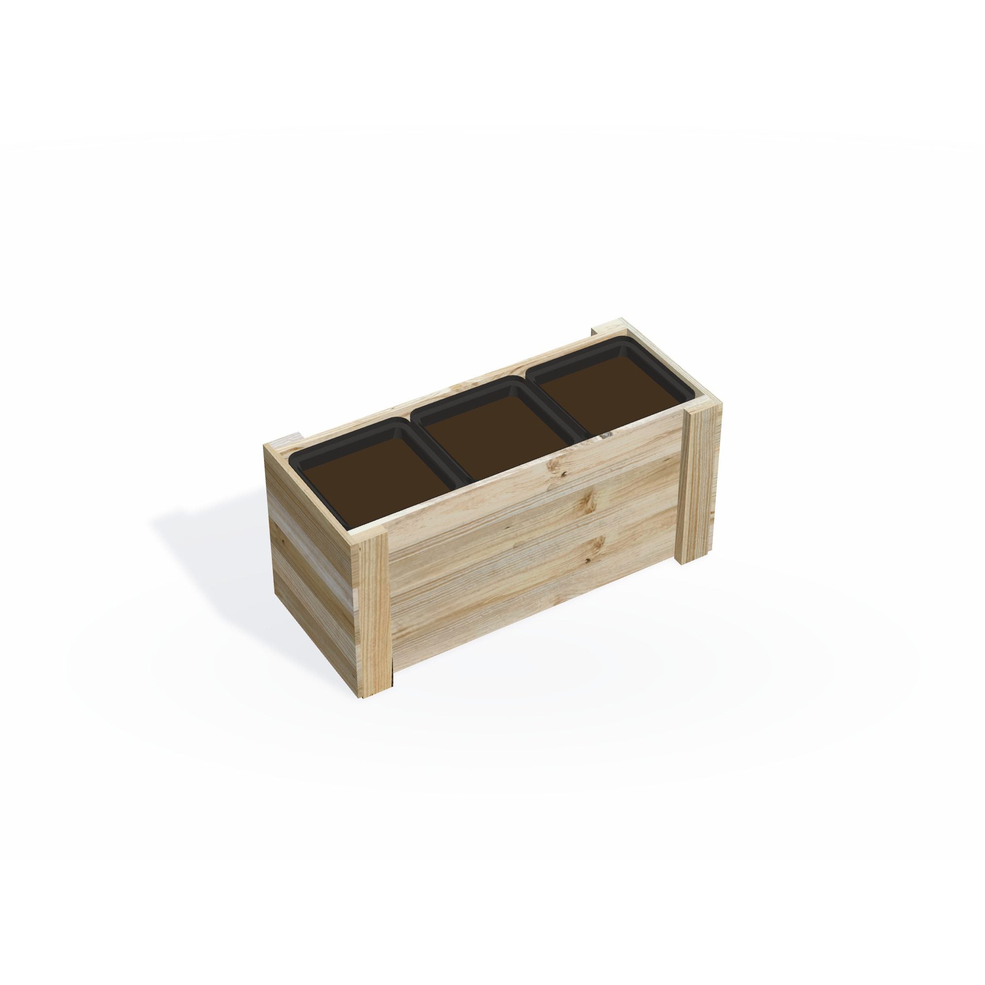 Holman 390mm self-watering pots seated on the slatted base, rims just below the planter top