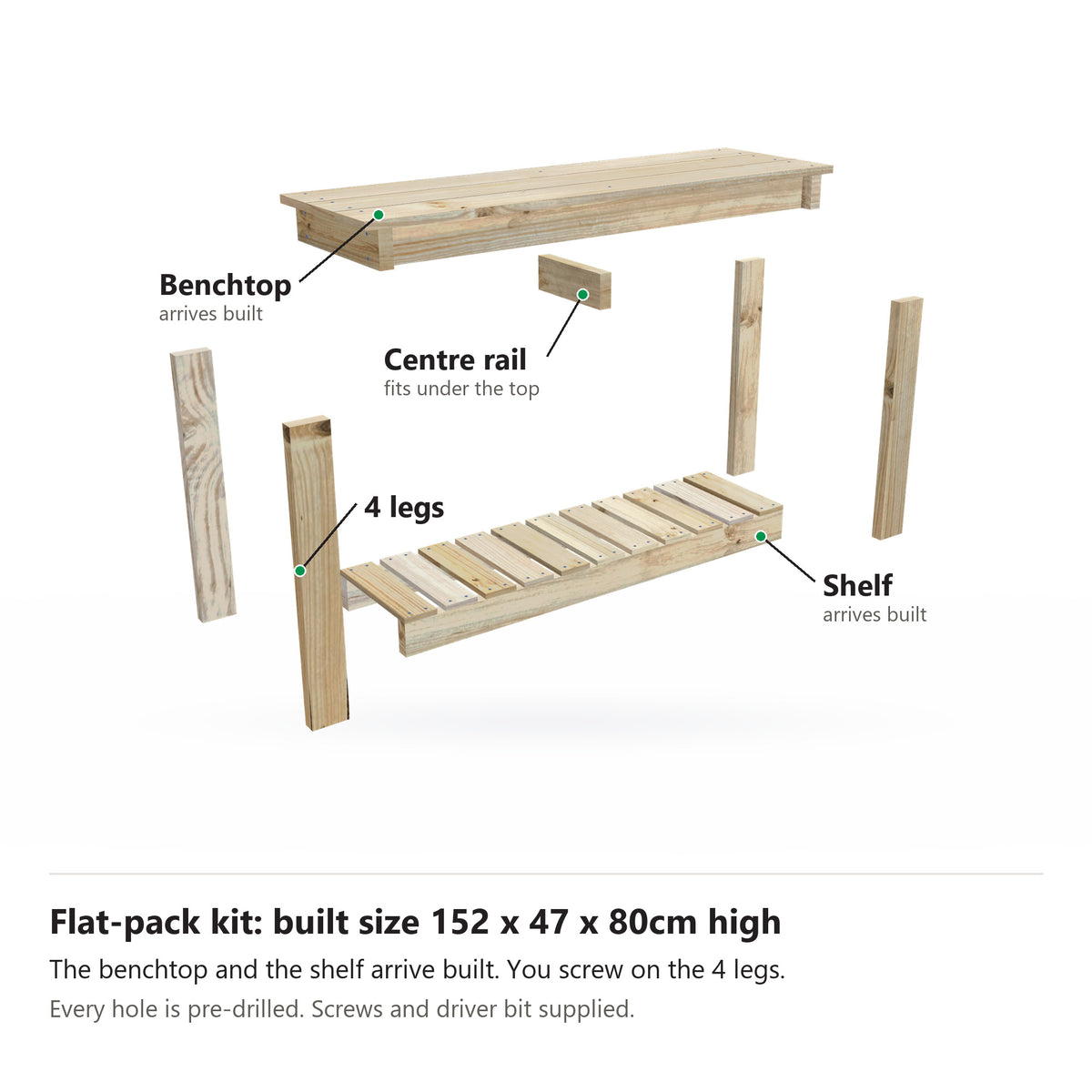 Potting bench flat-pack kit, 152cm long with a 47cm top, pulled apart: the benchtop and slatted shelf arrive built, plus 4 legs, the centre rail. Built size 152 x 47 x 80cm high.