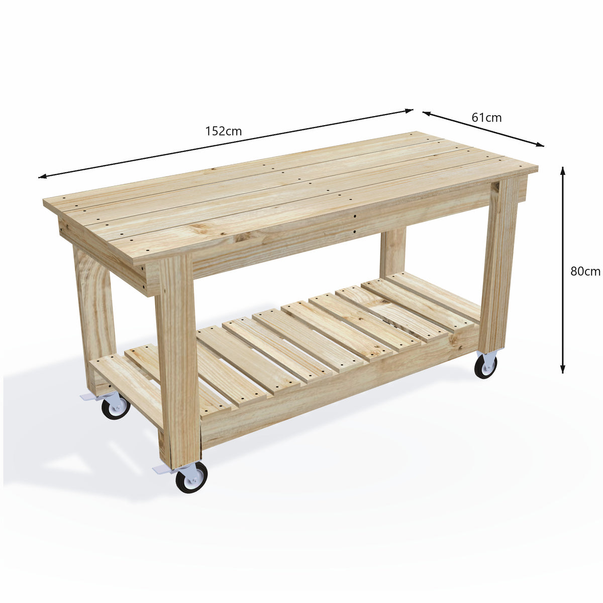 Flat-pack kit built up: timber potting bench 152cm long with wide 61cm top on lockable wheels, 80cm work height