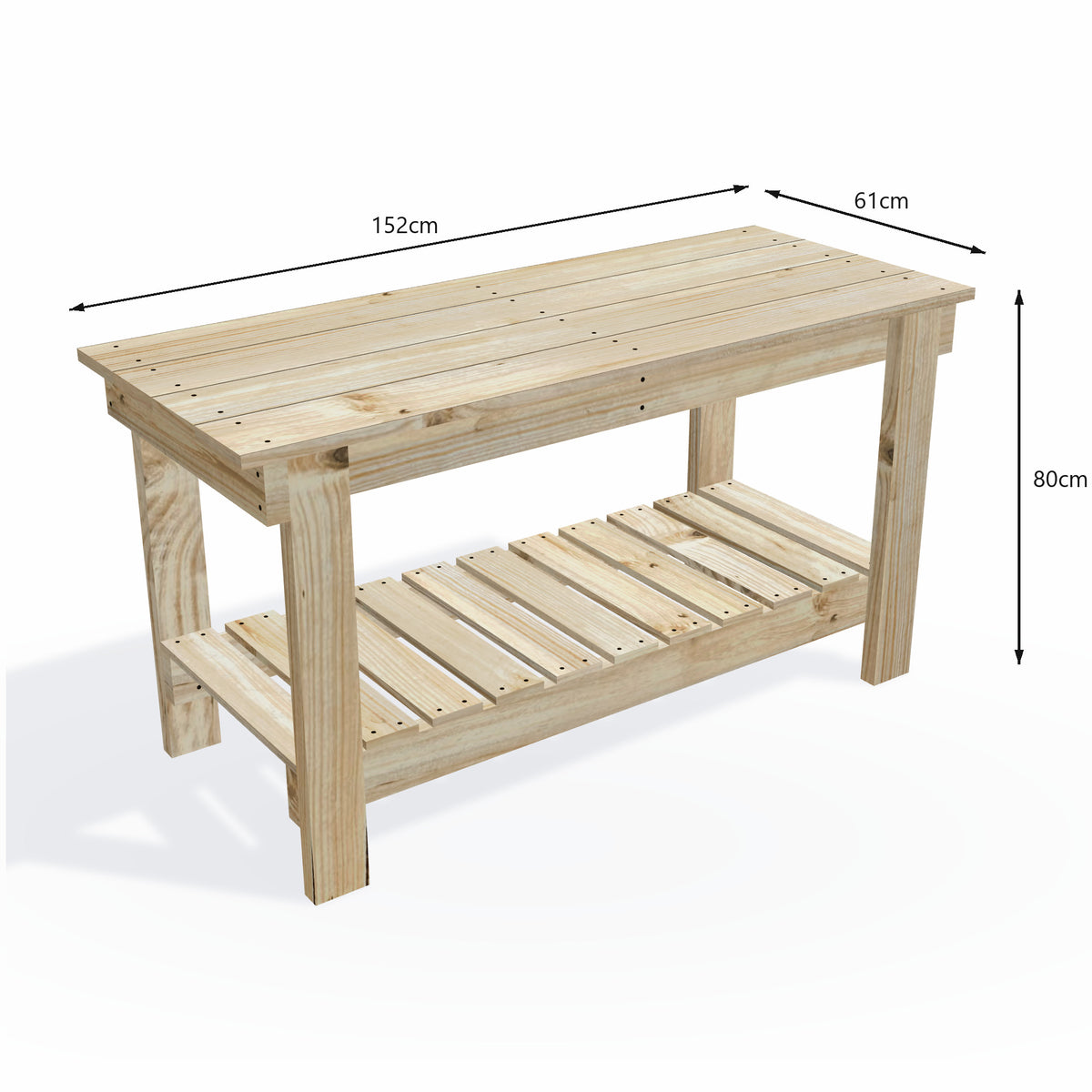 Flat-pack kit built up: timber potting bench 152cm long with wide 61cm top, 80cm work height and slatted storage shelf