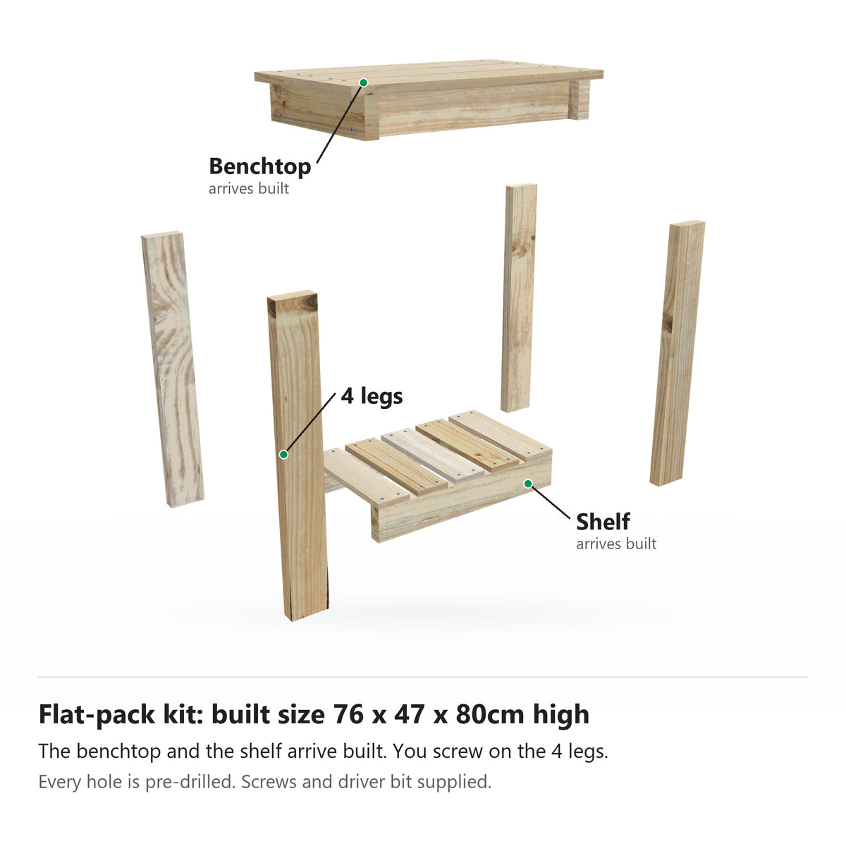 Potting bench flat-pack kit, 76cm long with a 47cm top, pulled apart: the benchtop and slatted shelf arrive built, plus 4 legs. Built size 76 x 47 x 80cm high.