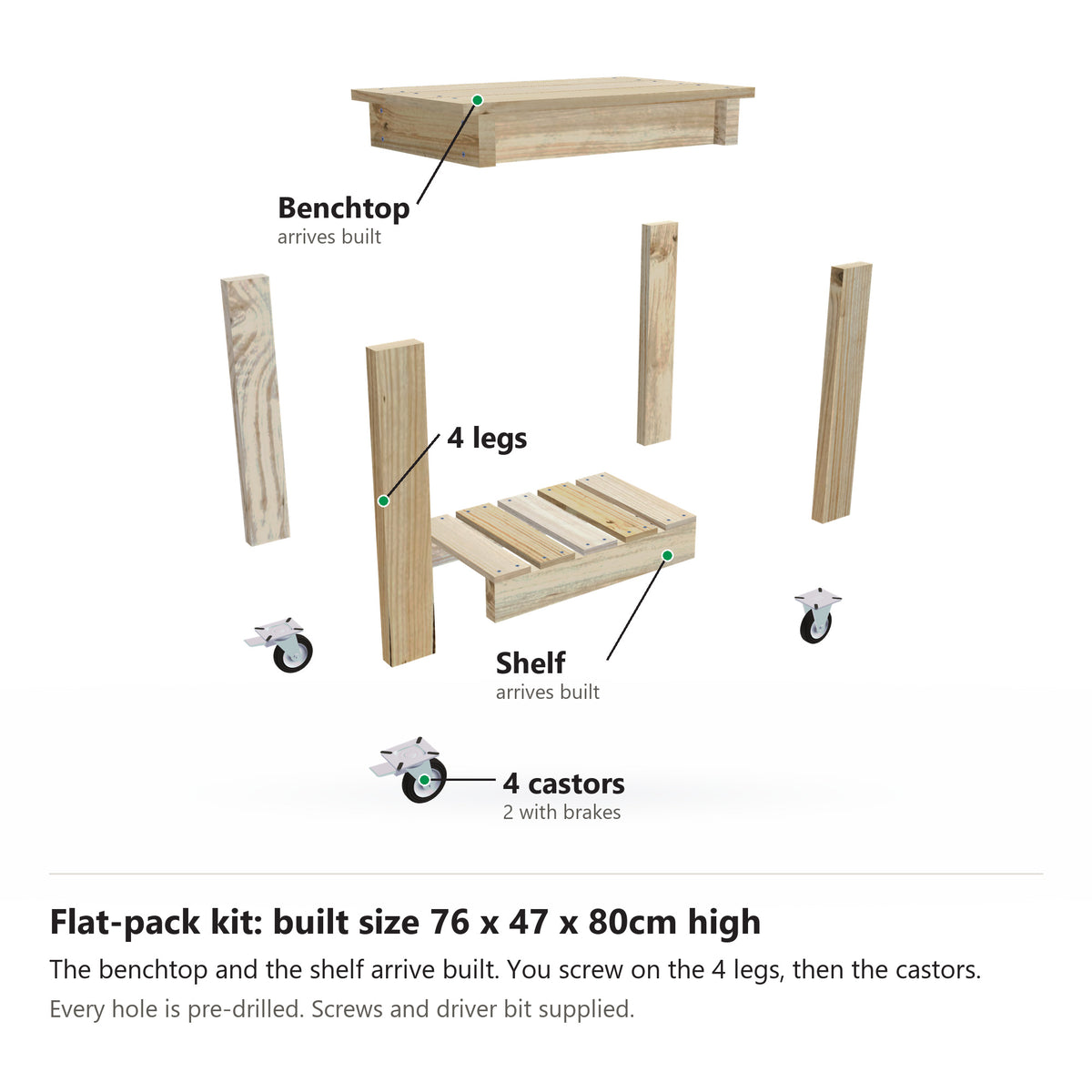 Potting bench flat-pack kit, 76cm long with a 47cm top on wheels, pulled apart: the benchtop and slatted shelf arrive built, plus 4 legs and 4 castors. Built size 76 x 47 x 80cm high.