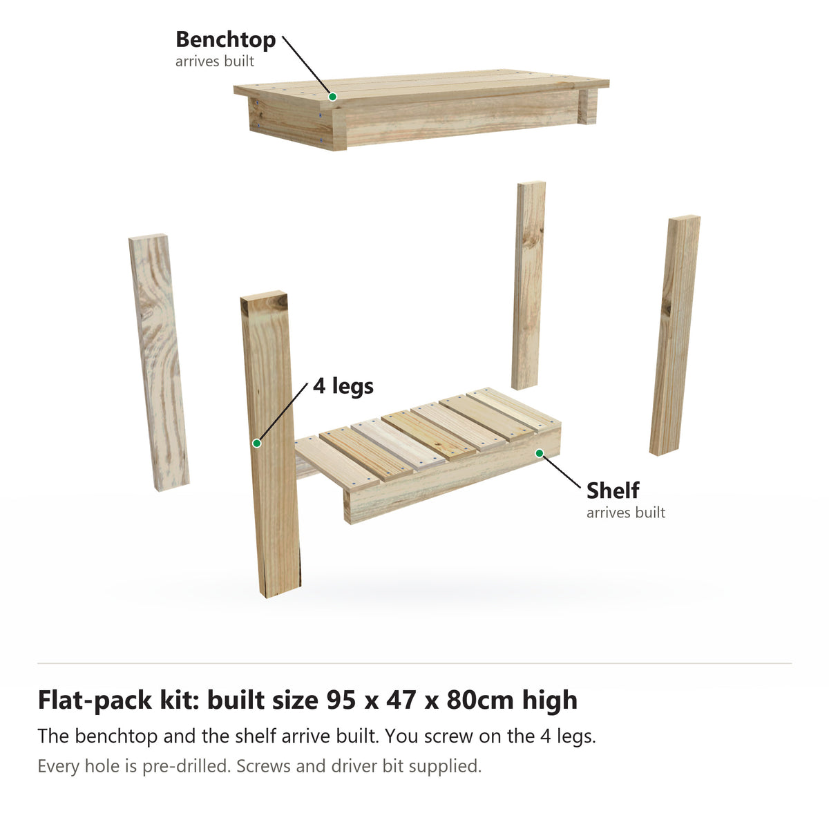 Potting bench flat-pack kit, 95cm long with a 47cm top, pulled apart: the benchtop and slatted shelf arrive built, plus 4 legs. Built size 95 x 47 x 80cm high.