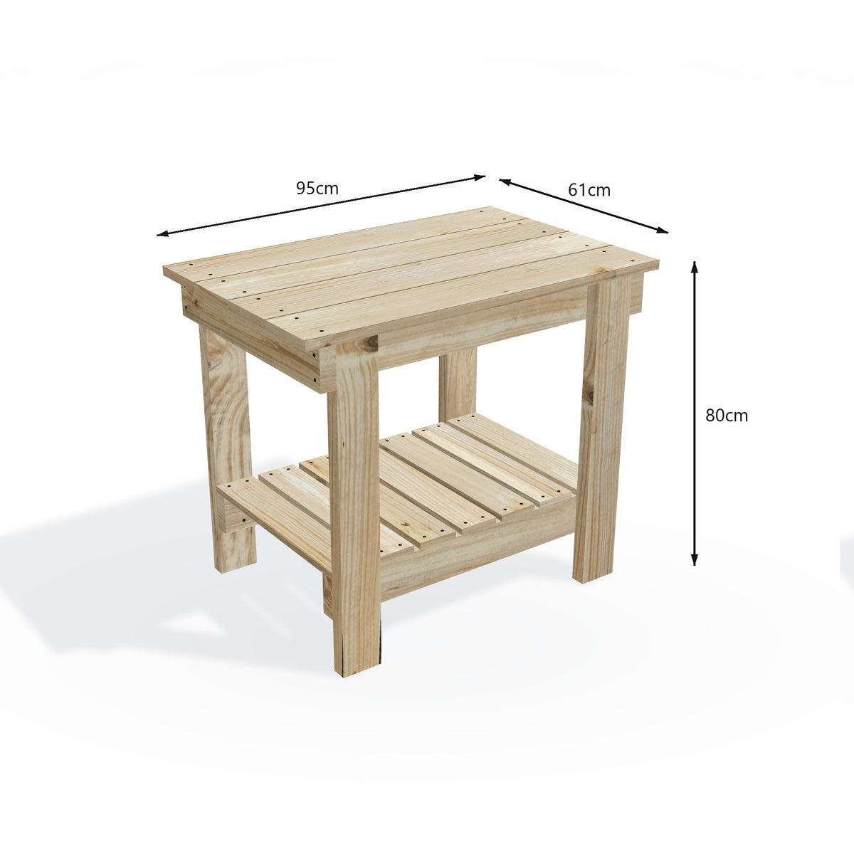 Flat-pack kit built up: timber potting bench 95cm long with wide 61cm top, 80cm work height and slatted storage shelf