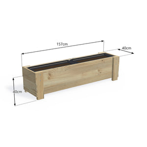 Corrogarden Slimline planter box, 157cm long, 40cm wide, 40cm low height, timber planter holding two Northcote self-watering troughs — dimensions