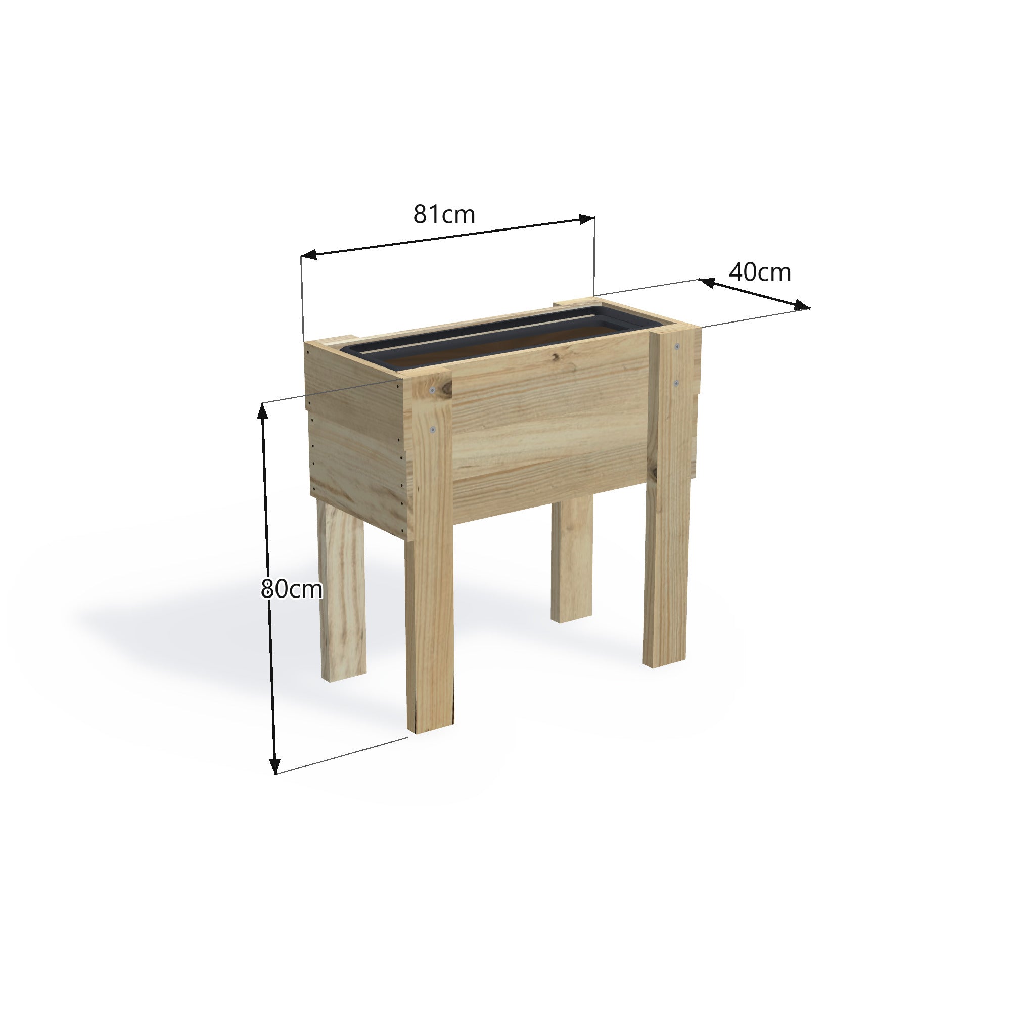 Corrogarden Slimline planter box, 81cm long, 40cm wide, 80cm standing height, timber planter holding one Northcote self-watering trough — dimensions