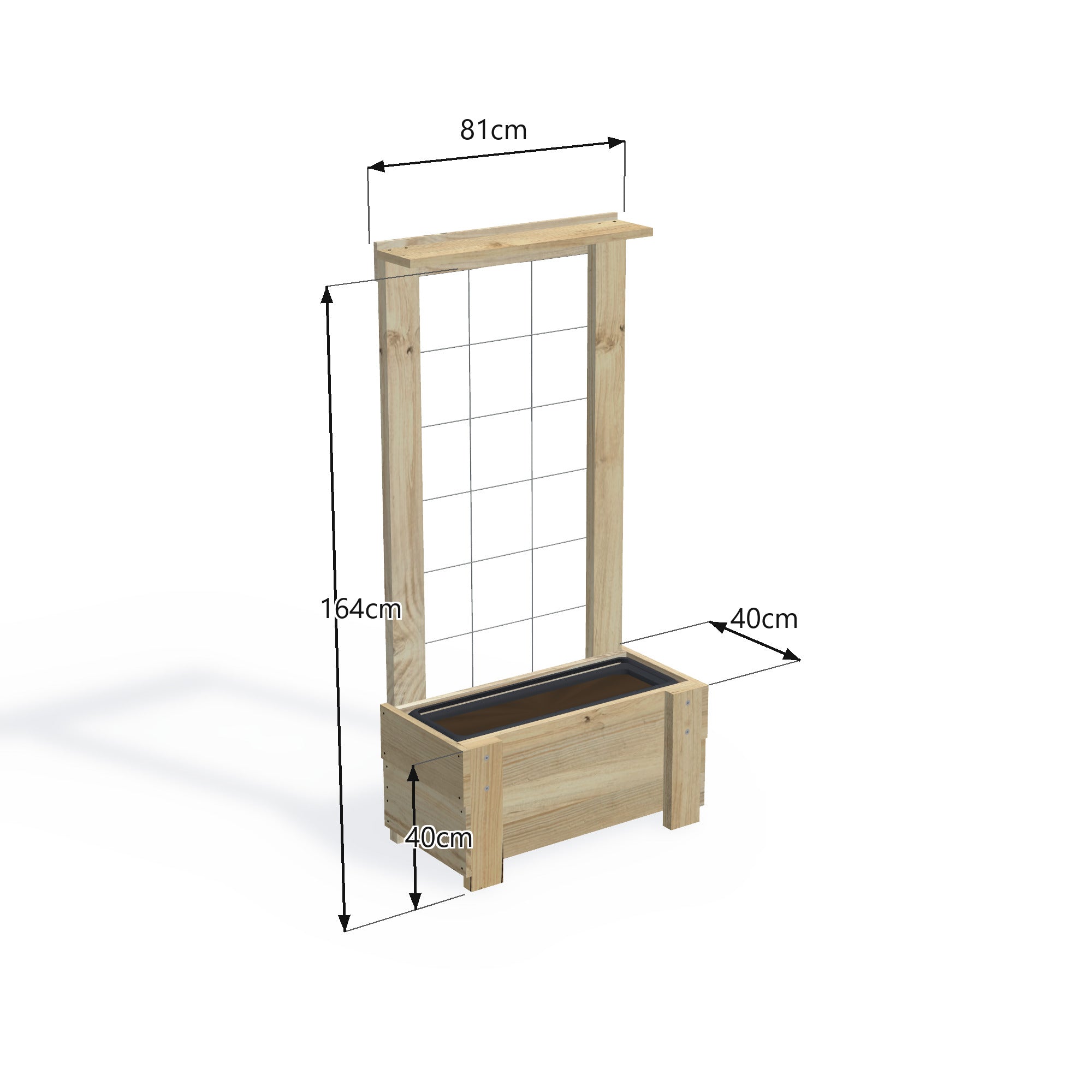Corrogarden Slimline planter box with growing trellis, 81cm long, 40cm wide, 40cm planting height, 164cm overall, holding one Northcote self-watering trough — dimensions