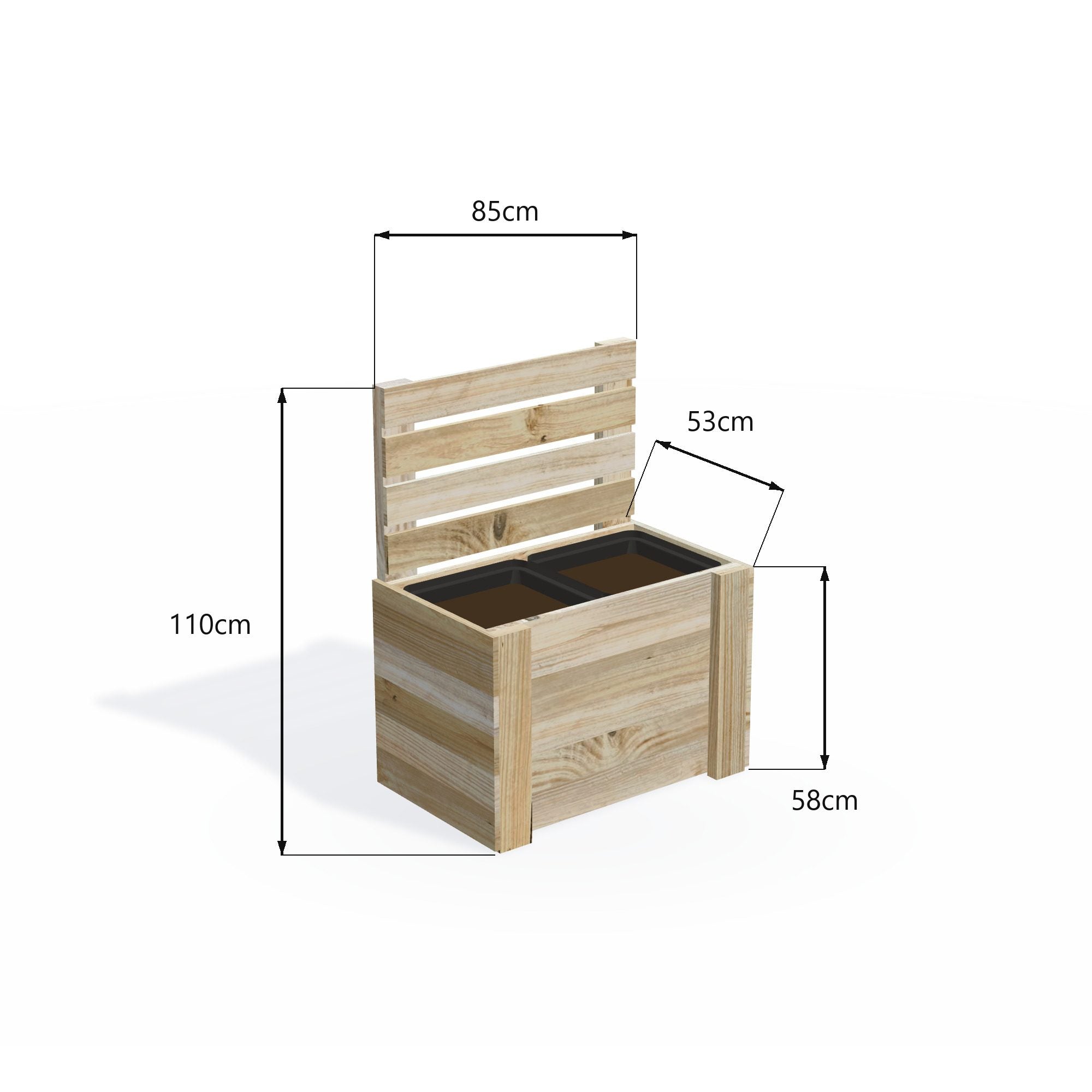 Dimensions: timber planter box for 2 self-watering pots (2 pot 85cm), 1.1m cafe barrier screen. 53cm wide, planting height 58cm.