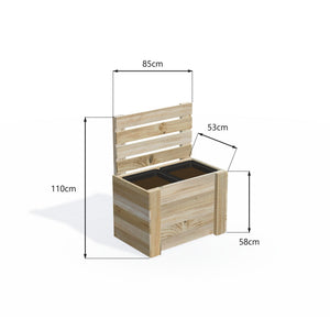 Dimensions: timber planter box for 2 self-watering pots (2 pot 85cm), 1.1m cafe barrier screen. 53cm wide, planting height 58cm.