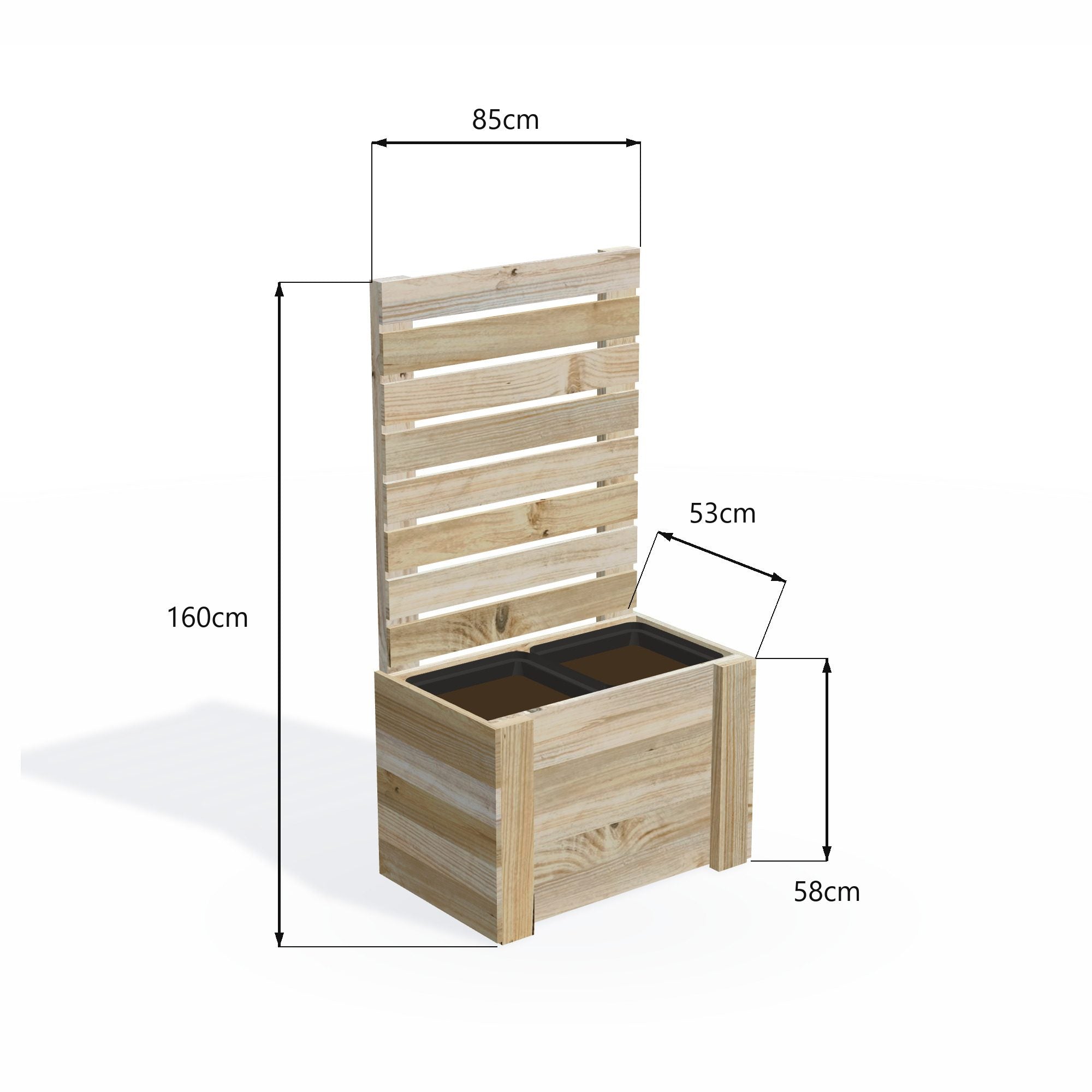 Dimensions: timber planter box for 2 self-watering pots (2 pot 85cm), 1.6m privacy screen. 53cm wide, planting height 58cm.