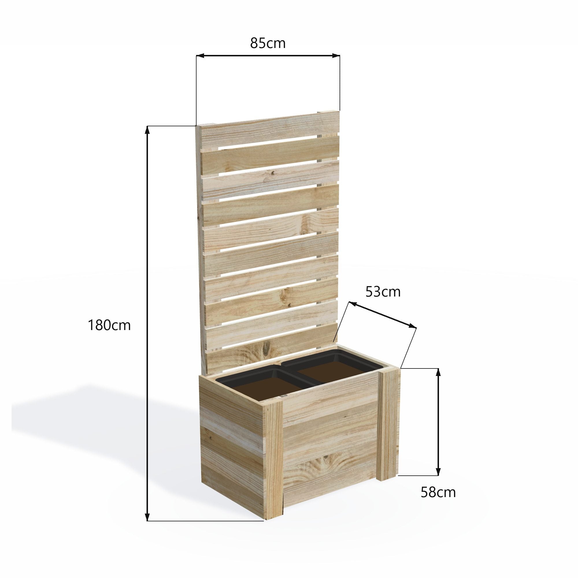 Dimensions: timber planter box for 2 self-watering pots (2 pot 85cm), 1.8m tall screen. 53cm wide, planting height 58cm.