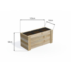 Dimensions: timber planter box for 3 self-watering pots (3 pot 125cm), 58cm planter, timber to the ground. 53cm wide, planting height 58cm.