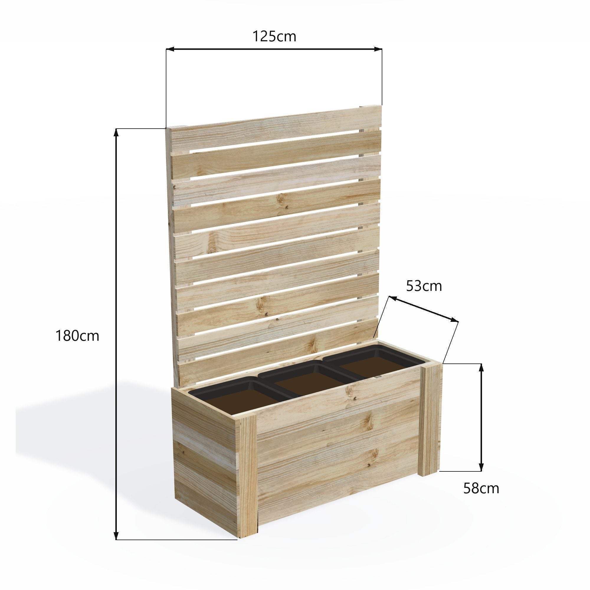Dimensions: timber planter box for 3 self-watering pots (3 pot 125cm), 1.8m tall screen. 53cm wide, planting height 58cm.