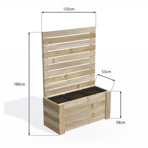 Dimensions: timber planter box for 3 self-watering pots (3 pot 125cm), 1.8m tall screen. 53cm wide, planting height 58cm.