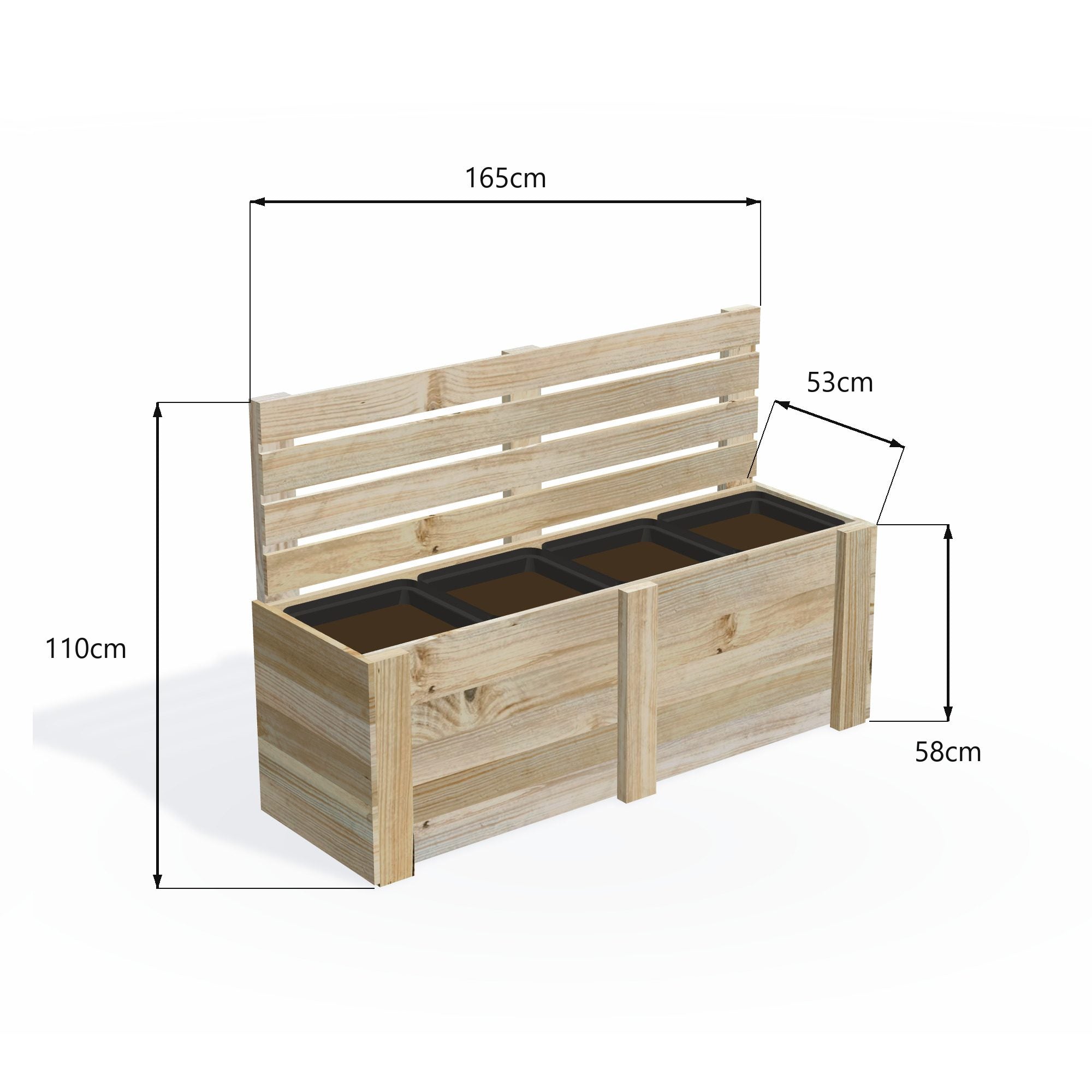 Dimensions: timber planter box for 4 self-watering pots (4 pot 165cm), 1.1m cafe barrier screen. 53cm wide, planting height 58cm.