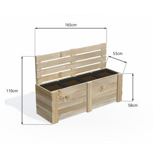 Dimensions: timber planter box for 4 self-watering pots (4 pot 165cm), 1.1m cafe barrier screen. 53cm wide, planting height 58cm.