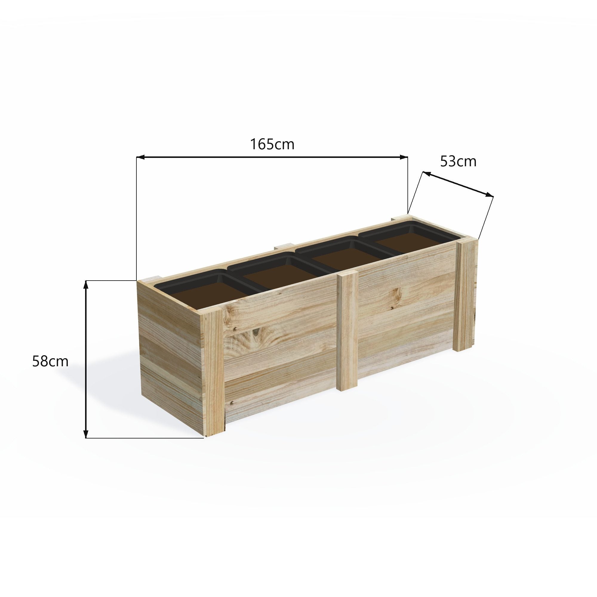 Dimensions: timber planter box for 4 self-watering pots (4 pot 165cm), 58cm planter, timber to the ground. 53cm wide, planting height 58cm.