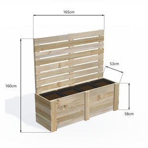 Dimensions: timber planter box for 4 self-watering pots (4 pot 165cm), 1.6m privacy screen. 53cm wide, planting height 58cm.