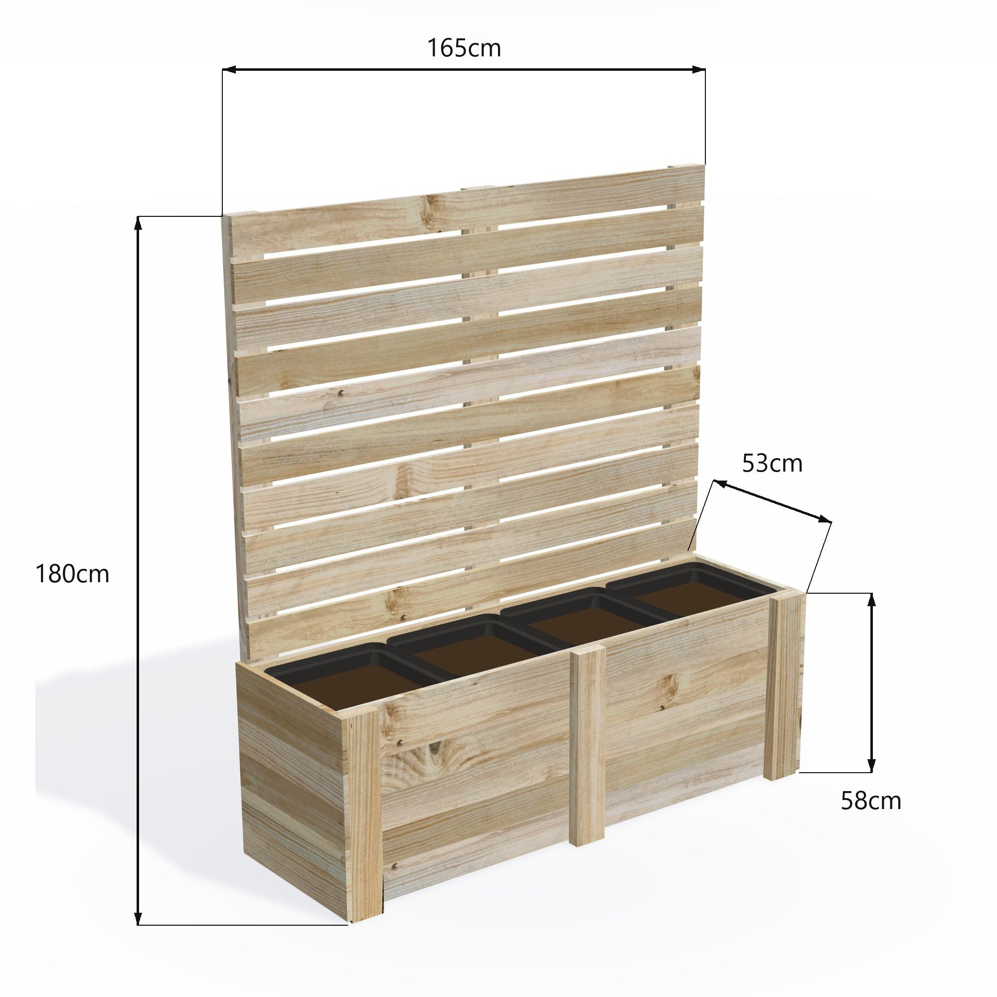 Dimensions: timber planter box for 4 self-watering pots (4 pot 165cm), 1.8m tall screen. 53cm wide, planting height 58cm.