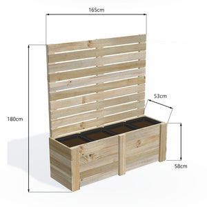 Dimensions: timber planter box for 4 self-watering pots (4 pot 165cm), 1.8m tall screen. 53cm wide, planting height 58cm.