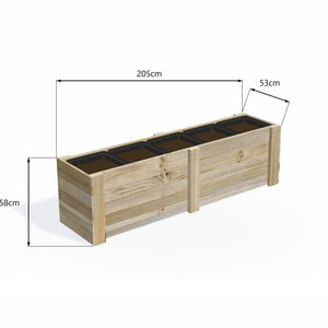 Dimensions: timber planter box for 5 self-watering pots (5 pot 205cm), 58cm planter, timber to the ground. 53cm wide, planting height 58cm.
