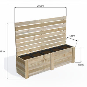 Dimensions: timber planter box for 5 self-watering pots (5 pot 205cm), 1.6m privacy screen. 53cm wide, planting height 58cm.