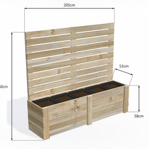 Dimensions: timber planter box for 5 self-watering pots (5 pot 205cm), 1.8m tall screen. 53cm wide, planting height 58cm.