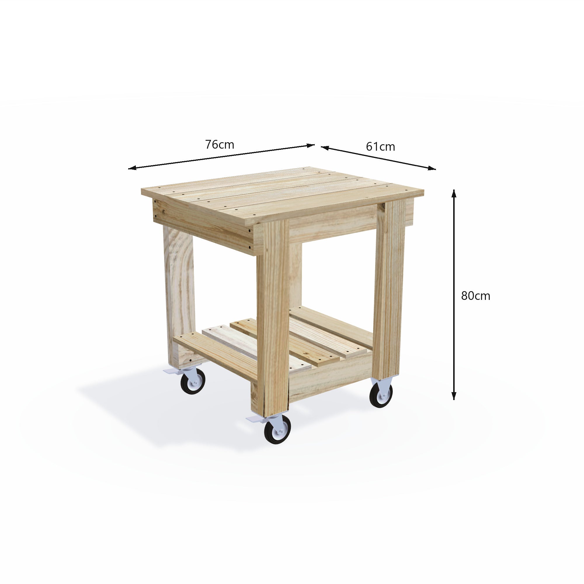 Timber potting bench 76cm long with wide 61cm top on lockable wheels, 80cm work height