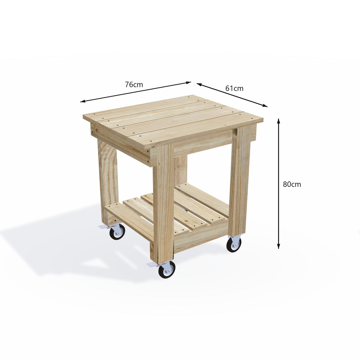 Timber potting bench 76cm long with wide 61cm top on lockable wheels, 80cm work height