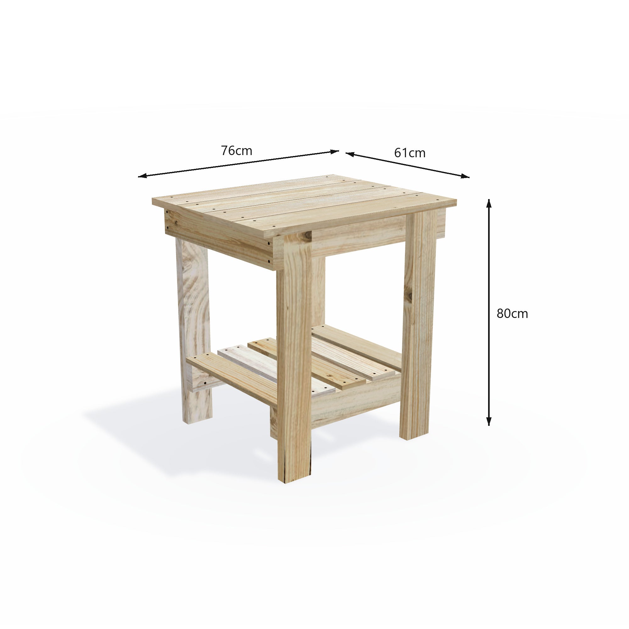 Timber potting bench 76cm long with wide 61cm top, 80cm work height and slatted storage shelf