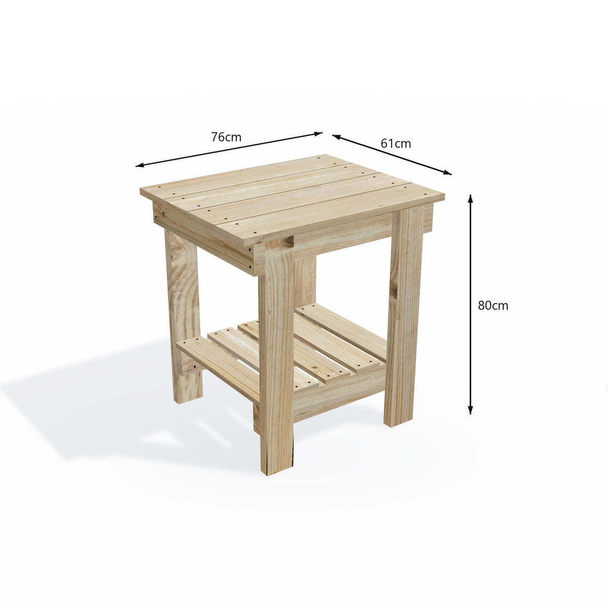 Timber potting bench 76cm long with wide 61cm top, 80cm work height and slatted storage shelf