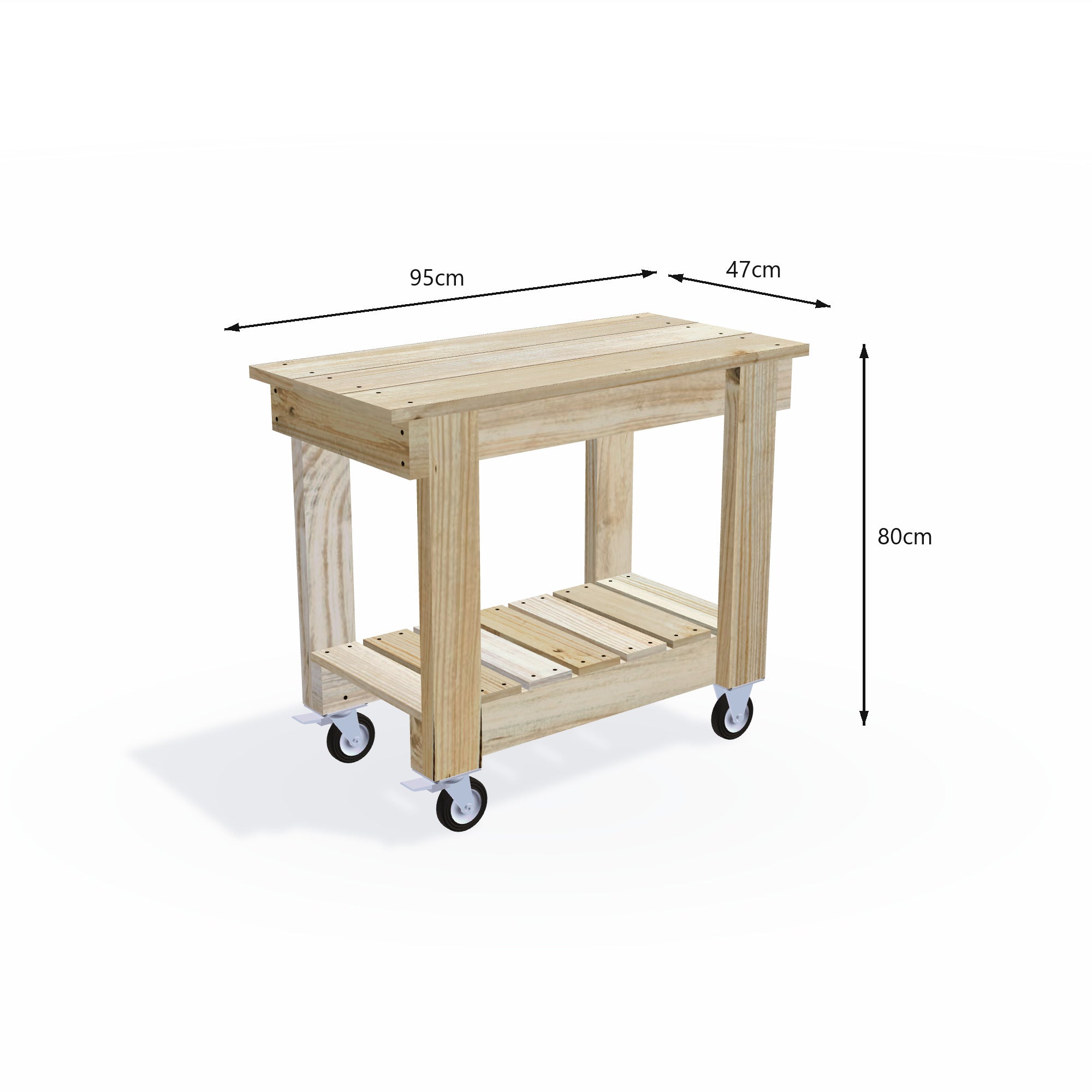 Timber potting bench 95cm long with 47cm top on lockable wheels, 80cm work height