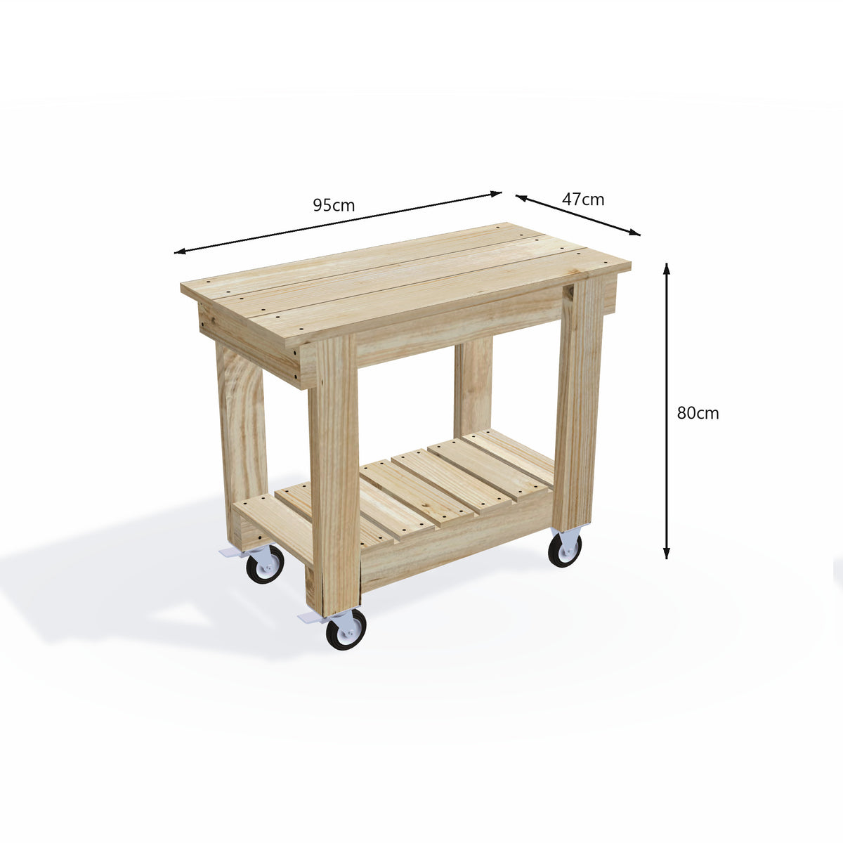 Timber potting bench 95cm long with 47cm top on lockable wheels, 80cm work height