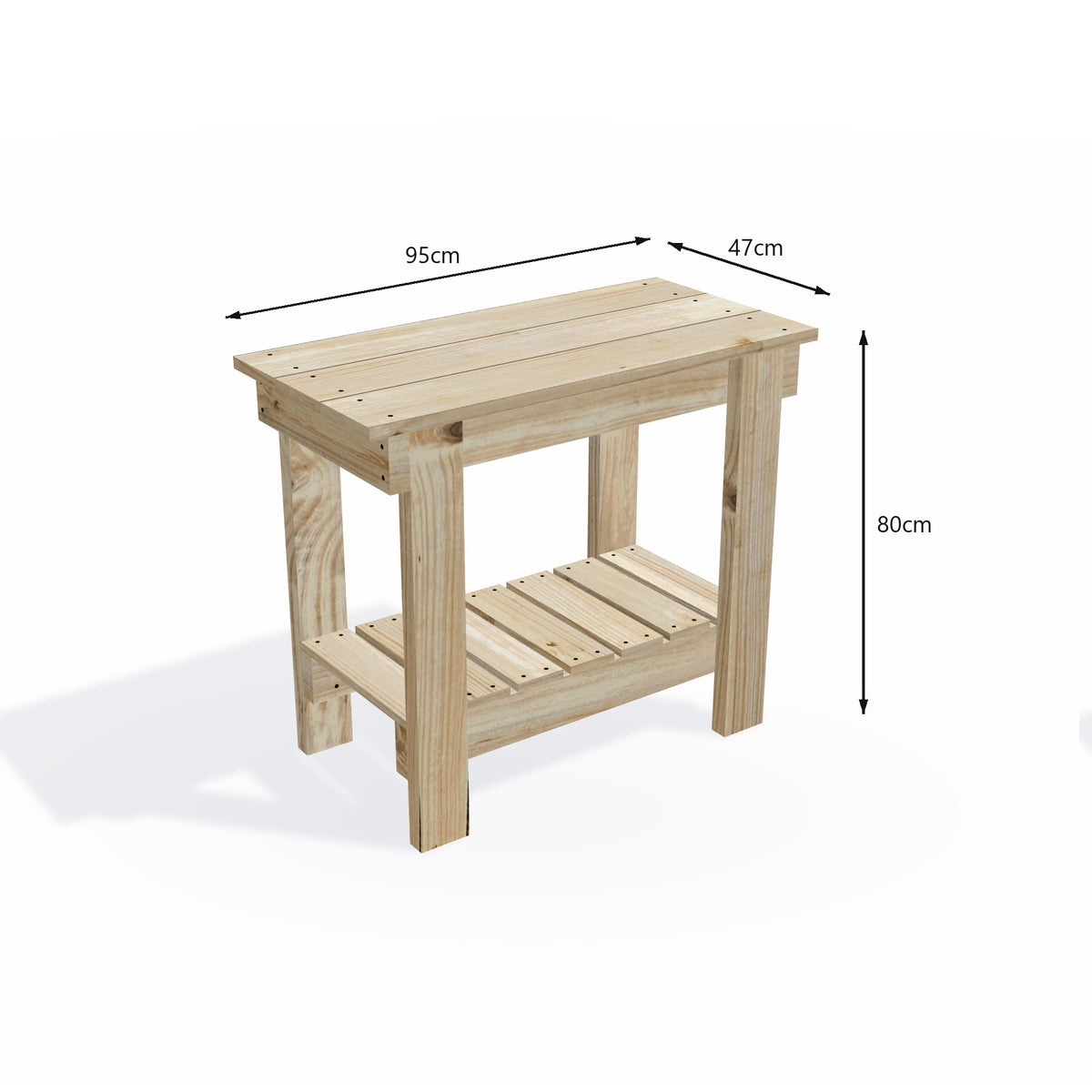 Timber potting bench 95cm long with 47cm top, 80cm work height and slatted storage shelf