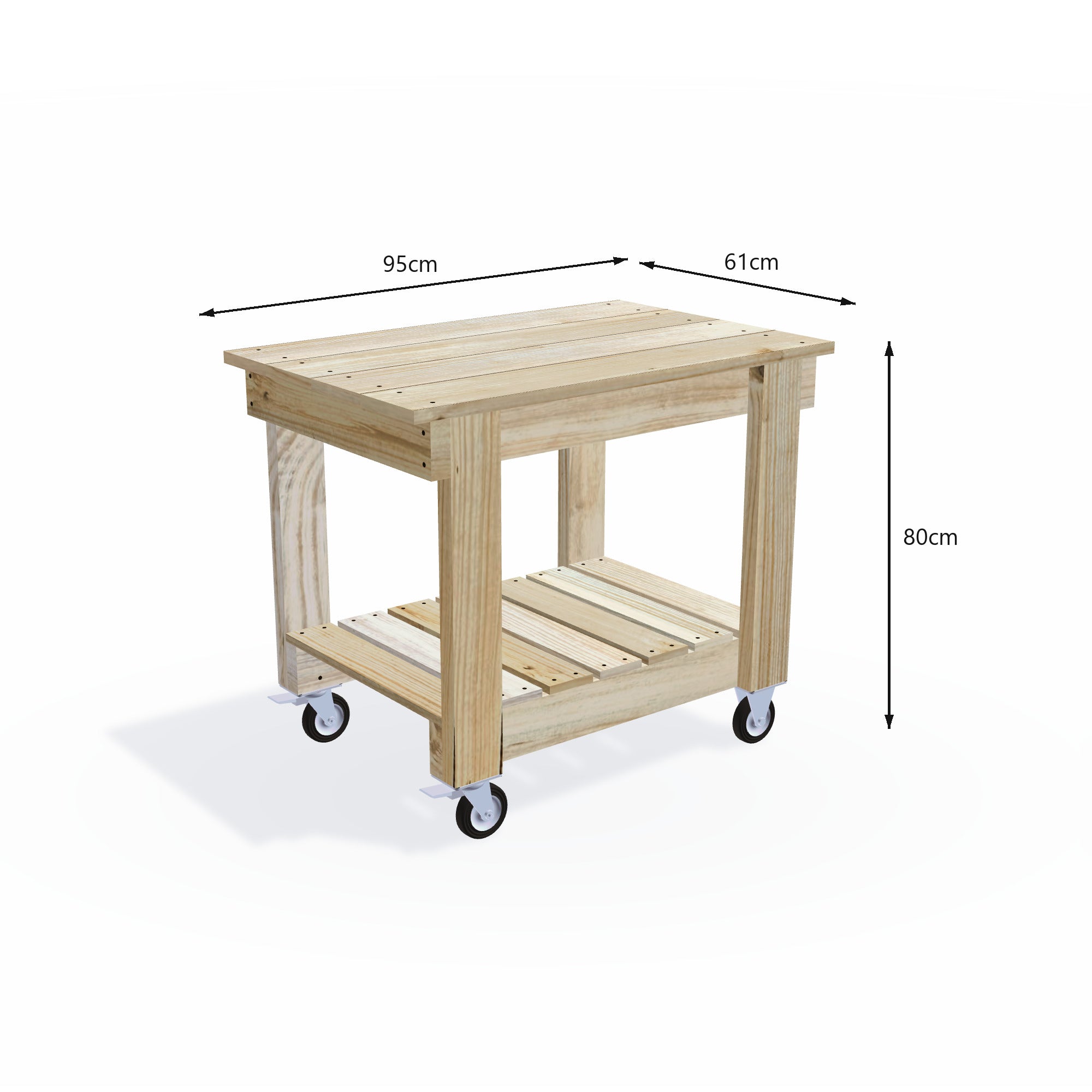 Timber potting bench 95cm long with wide 61cm top on lockable wheels, 80cm work height