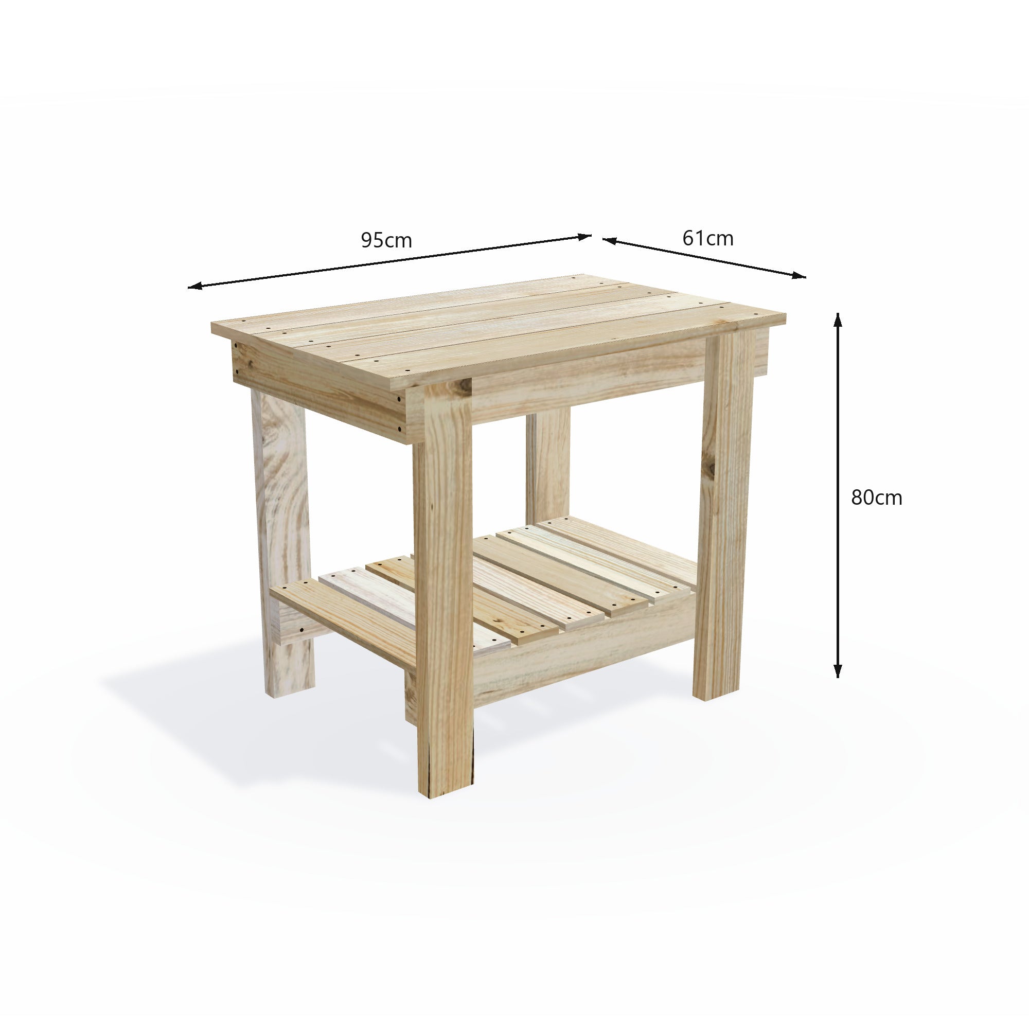 Timber potting bench 95cm long with wide 61cm top, 80cm work height and slatted storage shelf